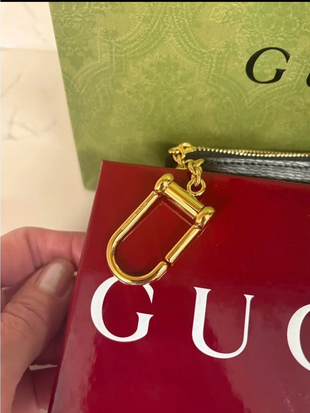 Gucci Black Saffiano Leather Zip Card Case Key Pouch with Gold Chain